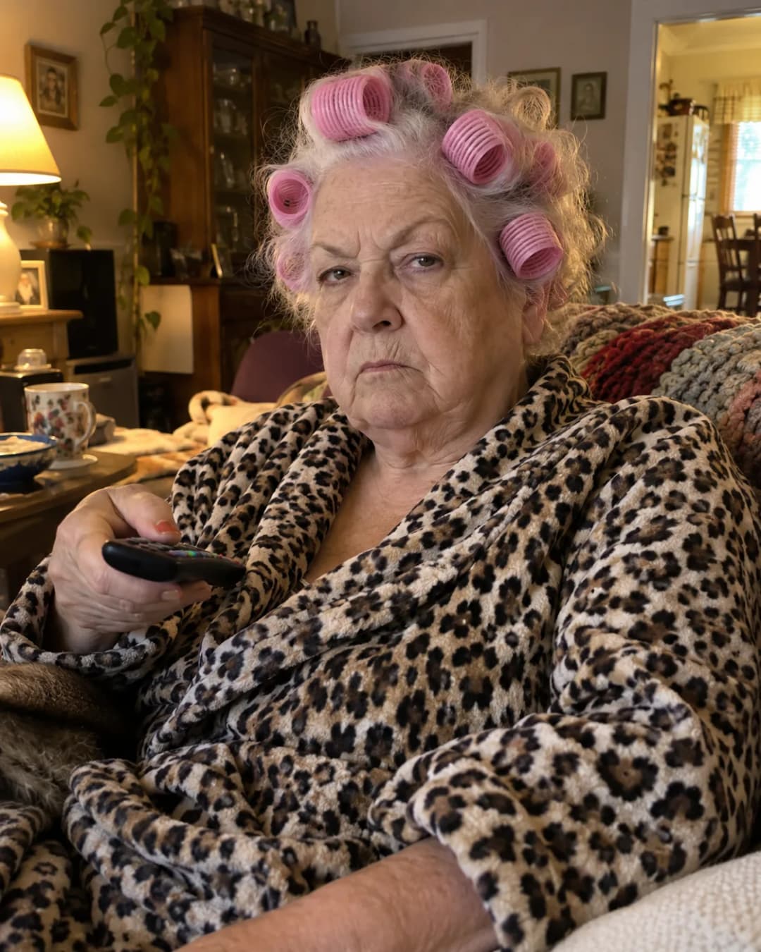 Input photo of an older adult wearing pink hair rollers and a leopard-print robe